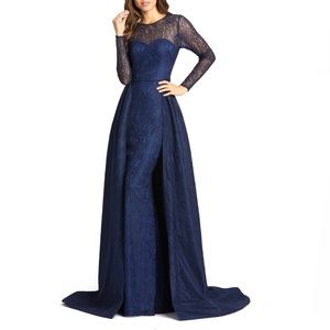 Mac Duggal Long Sleeve Lace Column Gown With Overskirt
